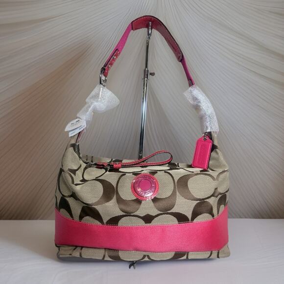 NWT Coach Signature Stripe Hobo 23769E & Wallet F48774 Set SV/Khaki Punch Pink - Picture 4 of 16